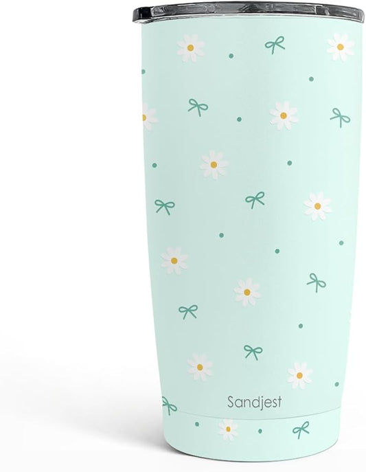 SANDJEST Daisy Tumbler 20oz, Stainless Steel Travel Cup with Lid, Floral Insulated Coffee Mug, Daisy Gifts for Women Girls Friends Sisters on Birthday Christmas