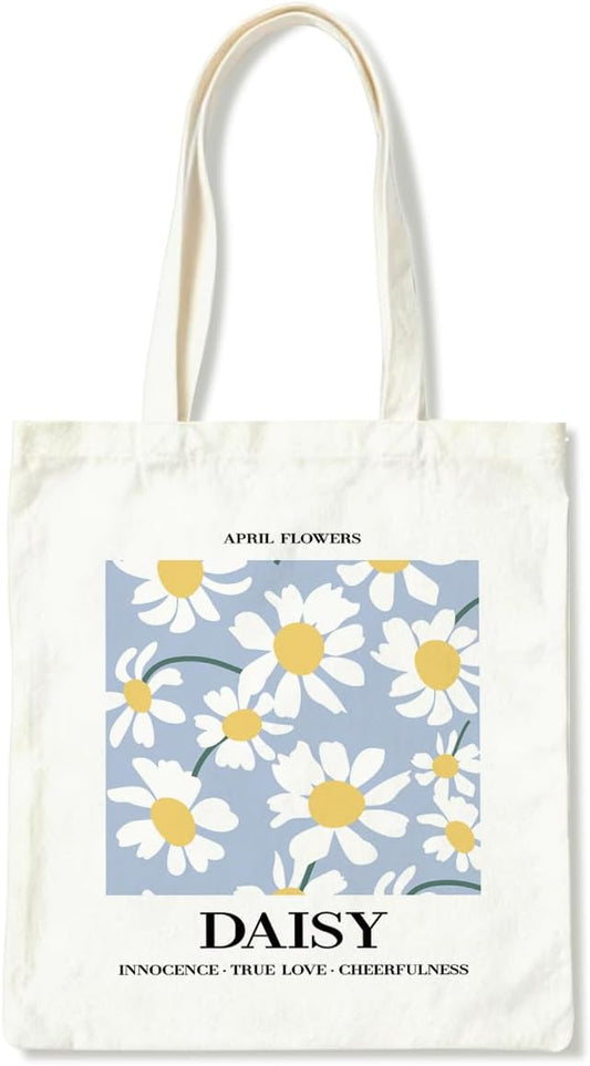 Flower Canvas Tote Bag, April Daisy Reusable Shoulder Bags, Gifts to Sister and Friends, Holiday Gift Bags for Wrap Storage, Casual Canvas Totes for Work Traveling