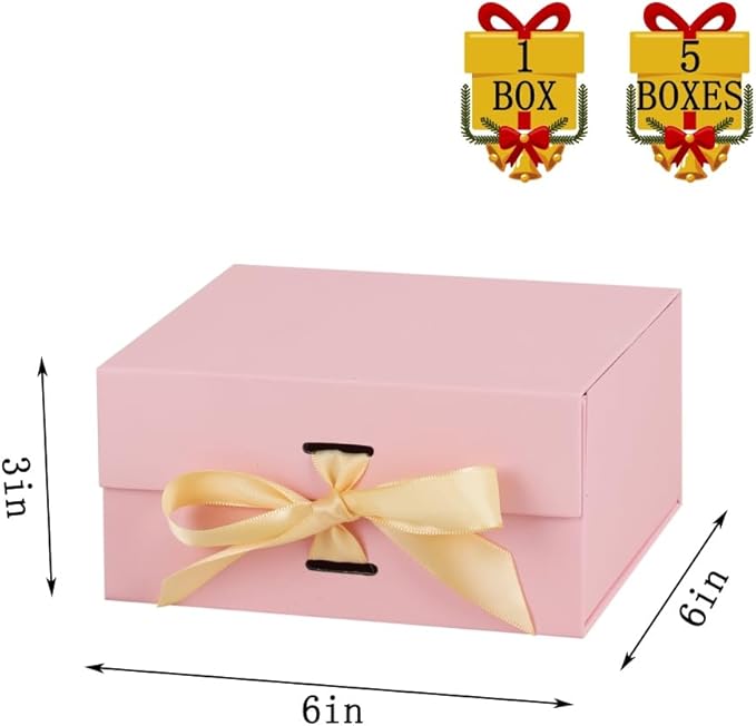 BoxSkivra Small Gift Boxes with Lids 5 Pack 6X6X3 Inch Pink Gift Box with Ribbon Foldable Gift Boxes for Presents、Bridesmaid Proposal Box、Wedding Gifts、Shredded Paper Filler & Cards