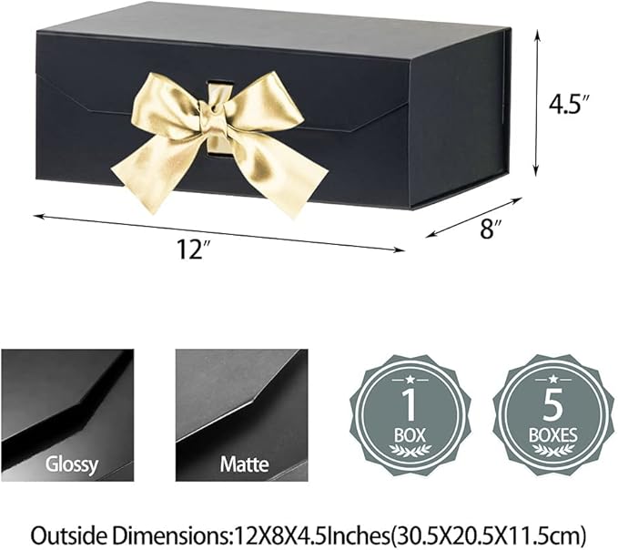 Black Gift Boxes - 12x8x4.5 Inches, Large Collapsible Rectangle Gift Boxes with Ribbon, Magnetic Lid Closure for Birthday, Christmas, Women's Shoes (Matte Black)
