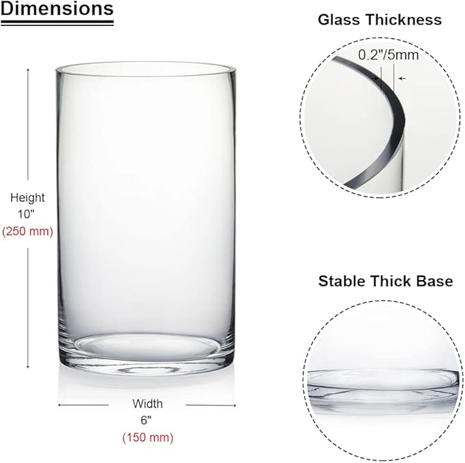 Enova Floral Clear Glass Cylinder Vase 6 x 10 Inches Round Flower Vase, Pillar Candle Floating Candle Holder Vase, Tall Glass Vase for Flowers, Glass Vase for Decor, Wedding Centerpieces (1 Piece)