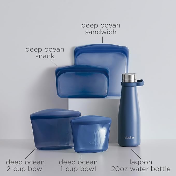 Stasher On-The-Go Boxed Starter Kit 5-Pack, Premium Silicone Reuseable Food Storage Bags, Deep Ocean, Water Bottle, Multi-Use Travel Containers, BPA Free, Leak-free, Dishwasher Safe, Eco-Friendly