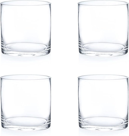 Enova Floral Set of 4 Clear Cylinder Glass Vase, 5W x 5H Inches Round Flowers Vase, Pillar Candle Floating Candle Holders, Floral Glass Vase for Home Office Decor, Wedding Centerpiece