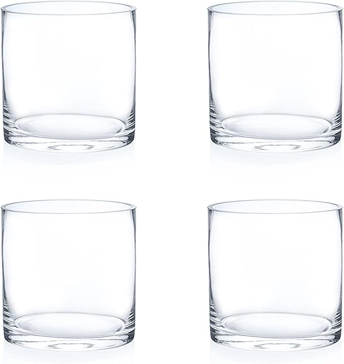 Enova Floral Set of 4 Clear Glass Cylinder Vase, 6W x 6H Inches Round Flowers Vase, Pillar Candle Floating Candle Holders Vase, Small Floral Glass Vase for Home Office Decor, Wedding Centerpiece