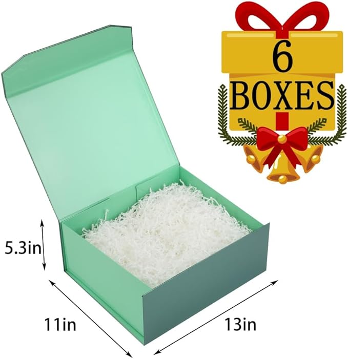 6 Pcs Green Gift Box Large 13x11x5.3 Inch Large Black Gift Box Large Magnetic Gift Box with Crinkle Paper Green Large Gift Box with Shredded Paper Luxury Gift Boxes with Lids for Presents