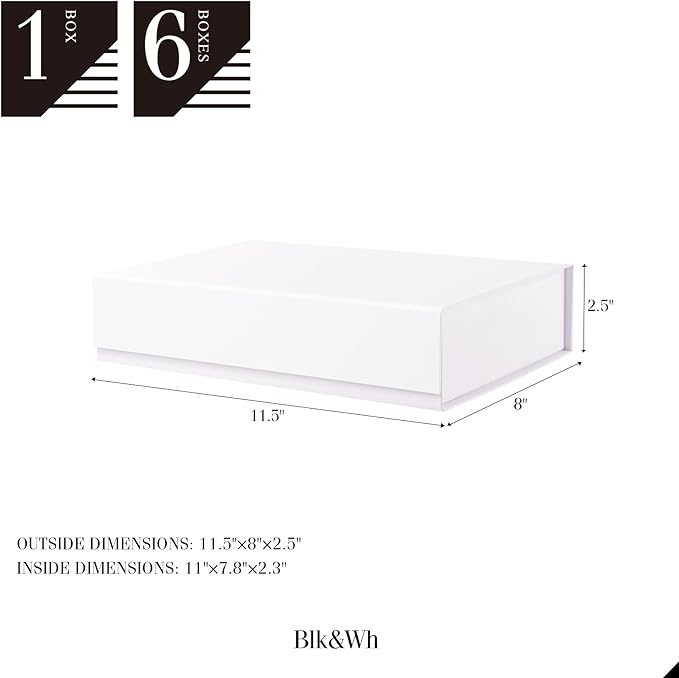 BLK&WH 6 White Gift Boxes 11.5x8x2.5 Inches With Magnetic Closure Lids, Sturdy Shirt Boxes, Rectangle Collapsible for Packaging (Matte White)