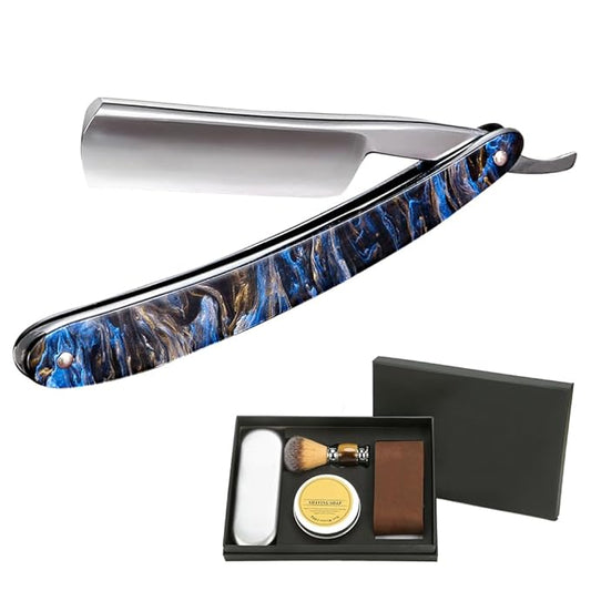 Straight Razor Kit Professional Shave Ready for Men Barber,Straight Edge Razor Carbon Steel Sharp Shaver with Shaving Strop Brush Shaving Cream for Men Home &Grooming Using
