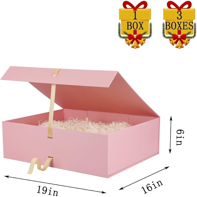 BoxSkivra Pink Extra Large Gift Box with Lid 1 Pack 19x16x6 Inch Large Gift Boxes with Crinkle Paper & Card Magnetic Gift Box with Ribbon for Wedding Dress