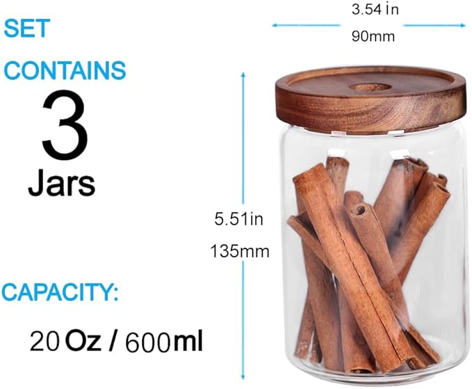 SAIOOL Glass Jars, Food Storage Containers with Airtight Acacia Lids, 20FL OZ(600ml) Glass Canisters Set-3, Clear Containers Suit for Storing Tea, Coffee, Flour, Candy, Cookie, Rice, Sugar, Pasta