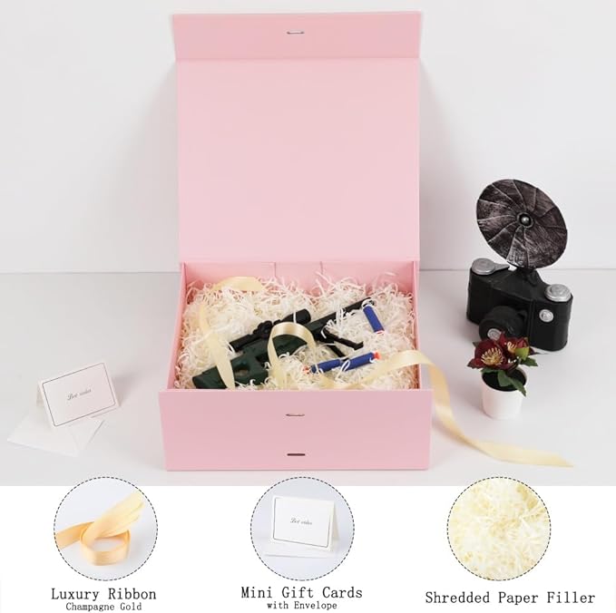 Large Gift Boxes with Lids 5 Pack 13X11X5.3 Inch Large Pink Gift Box with Ribbon Foldable Gift Boxes for Presents、Graduation、Birthdays、Valentine's day、Shredded Paper for Gift Box with Cards