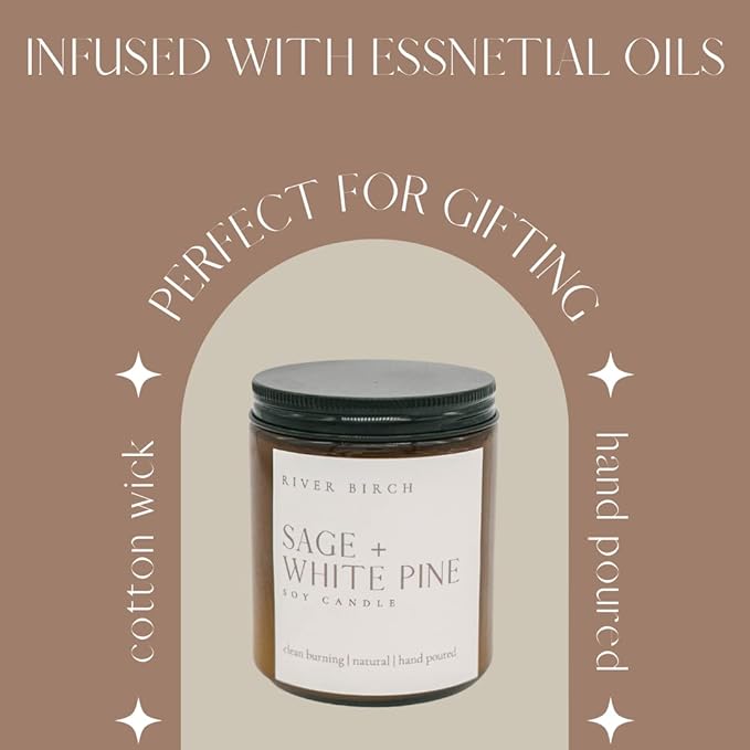 River Birch Candles Sage + White Pine Scented Candle | Premium, All-Natural, Non-Toxic, Soy Amber Jar Candles | 8.5oz 40 Hr Burn Time | Cozy Relaxing Gifts for Home