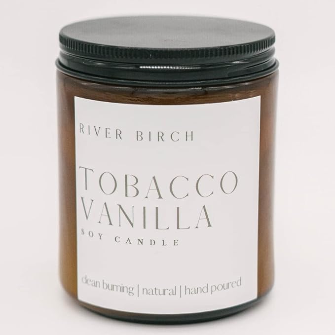River Birch Candles Tobacco Vanilla Scented Candle | Premium, All-Natural, Non-Toxic, Soy Amber Jar Candles | 8.5oz 40 Hr Burn Time | Cozy Relaxing Gifts for Home