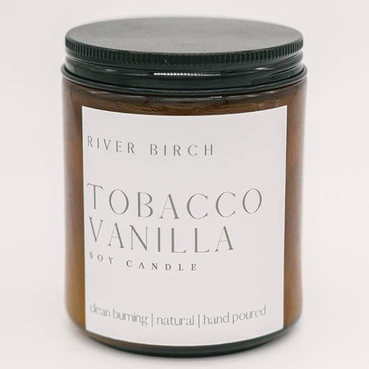 River Birch Candles Tobacco Vanilla Scented Candle | Premium, All-Natural, Non-Toxic, Soy Amber Jar Candles | 8.5oz 40 Hr Burn Time | Cozy Relaxing Gifts for Home