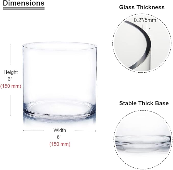 Enova Floral Set of 4 Clear Glass Cylinder Vase, 6W x 6H Inches Round Flowers Vase, Pillar Candle Floating Candle Holders Vase, Small Floral Glass Vase for Home Office Decor, Wedding Centerpiece