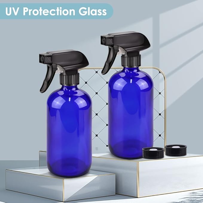 Glass Spray Bottle, Blue Glass Spray Bottle Set & Accessories Refillable for Plants Window Cleaners Aromatherapy Facial Hydration Watering Flowers Hair Care (2 Pack/16 oz) (Blue)