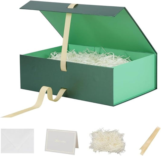 Skivra Large Green Gift Box with Ribbon - 1 Pack, 13x9x4 Inch Rectangle Collapsible Luxury Gift Box for Presents with Magnetic Closure and Shredded Paper Filler & Card