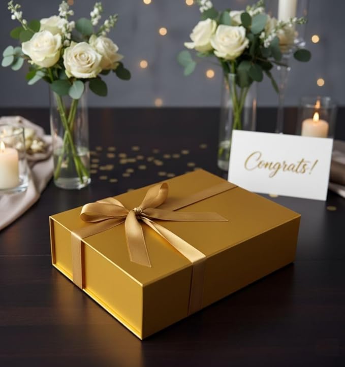 CECOBOX - Gift Boxes with Lids for Presents 11"x7.5"x3" - Matte, Collapsible Magnetic Closure Gift Box - Groomsmen & Bridesmaid Proposal Boxes, Wedding, PR, Birthdays, Holidays (Gold)