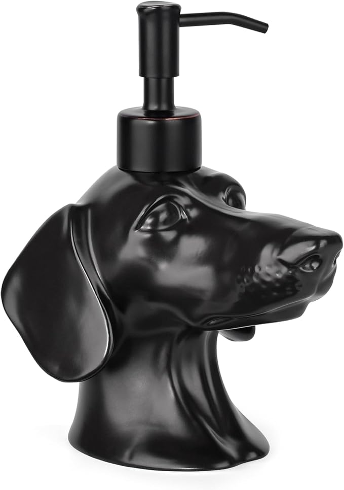 Dachshund Dog Shaped Soap/Lotion/Hand Sanitizer Weiner Ceramic Stainless Steel Pump Dispenser Gift for Dog Lover, Refillable for Kitchen and Bathroom(Black)