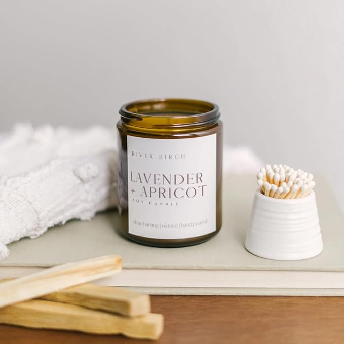 River Birch Candles Lavender + Apricot Scented Candle | Premium, All-Natural, Non-Toxic, Soy Wax, Amber Jar | 8.5oz 40 Hr Burn Time | Cozy Relaxing Gifts for Home
