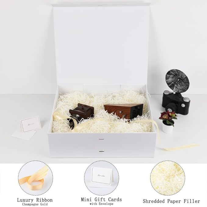 BoxSkivra White Extra Large Gift Box with Lid 1 Pack 19x16x6 Inch Large Gift Boxes with Crinkle Paper & Card Magnetic Gift Box with Ribbon for Wedding Dress