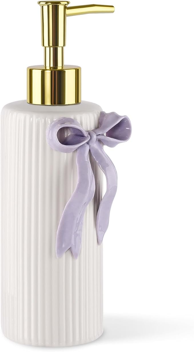 Handmade Ceramic Bow Soap Pump Dispenser Hand Lotion Liquid Dispenser Refillable for Kitchen and Bathroom Decorative (Ribbon Lavender)