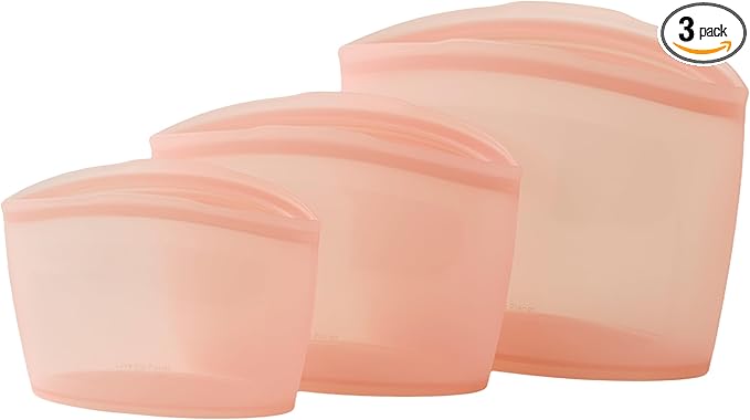 Blue Ginkgo Reusable Silicone Storage Bags – 3-Pack | Korean-Made Stand Up Food, Freezer Bags - Peach