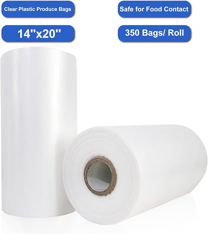LabelMore 14'' x 20'' Plastic Produce Bags on a Roll, Clear, Food Storage Bags for Bread, Vegetable, Fruits and Meat, 350 Bags/Roll, 1 Roll
