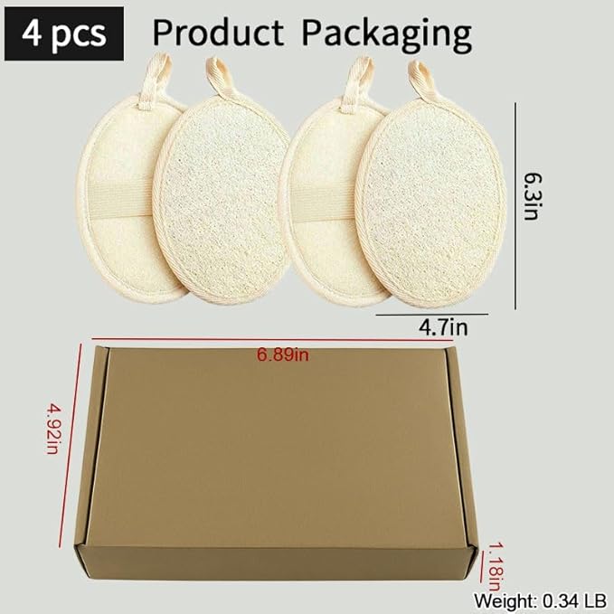 Natural Loofah Exfoliating Body Scrubber Loofah Bath Sponge, Luffa for Women and Men, Dishcloth Kitchen Cloth,100% Biodegradable Compostable, Dye Free (4 Pack) (M)