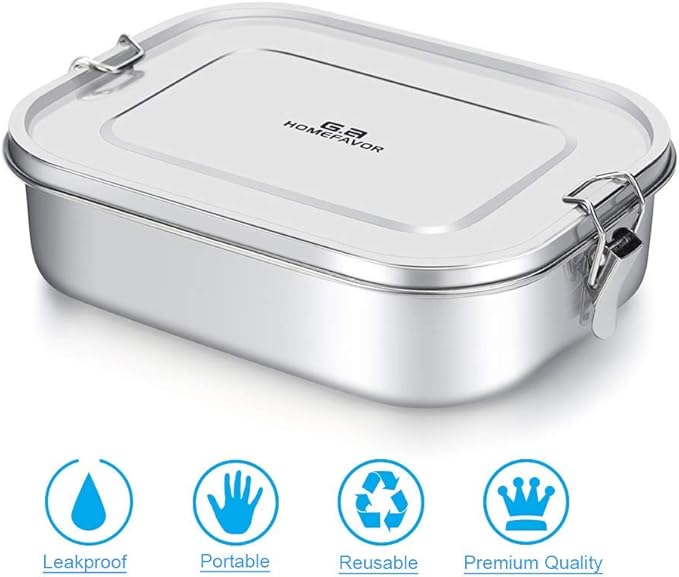 G.a HOMEFAVOR Stainless Steel Bento Lunch Box - Leak-Proof Metal Bento Box, Large Food Container with Lock Clips, Snack Container, Dishwasher Safe, 1400 ml/47 oz