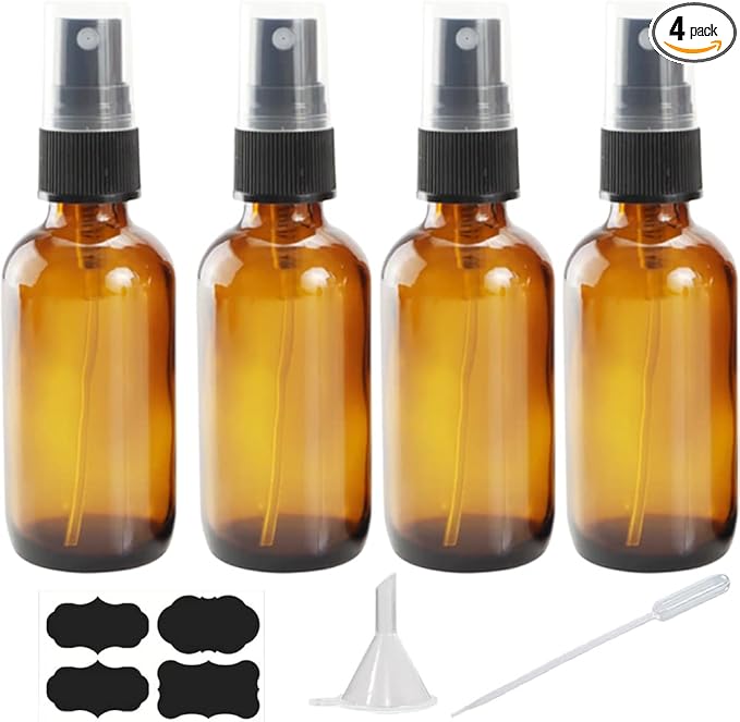 4 oz Amber Glass Spray Bottles for Essential Oils, Small Empty Fine Mist Spray Bottle,4 Pack with Funnel Dropper