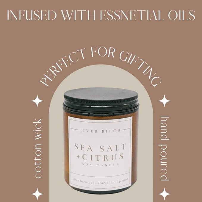 River Birch Candles Sea Salt & Citrus Scented Candle | Premium, All-Natural, Non-Toxic, Soy Amber Jar Candles | 8.5oz 40 Hr Burn Time | Cozy Relaxing Gifts for Home