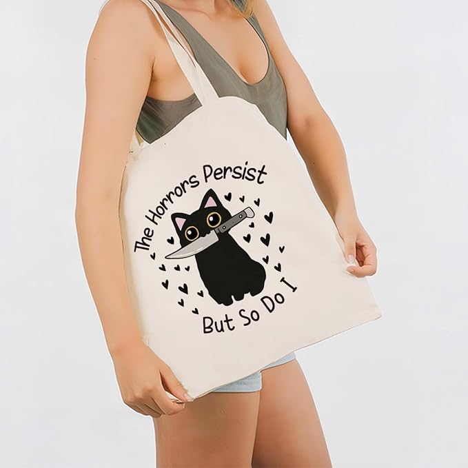 Canvas Tote Bag for Women, Funny Black Cat Shoulder Bags, Inspirational Canvas Totes to Work Traveling, Christmas Gifts to Friends and Family, Holiday Gift Bags for Wrap Storage