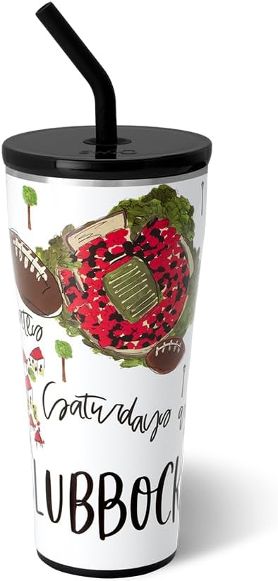 Swig Life 32oz Straw Tumbler, Travel Coffee Tumbler with Lid, Cup Holder Friendly Travel Coffee Mug, Stainless Steel, 32 oz Reusable Insulated Coffee Mug (Saturdays In Lubbock)