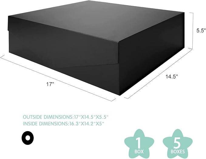 Extra Large Black Groomsman Box with Lid, 16.3x14.2x5 Inches, Magnetic for Clothes and Large Gifts (Matte Black)