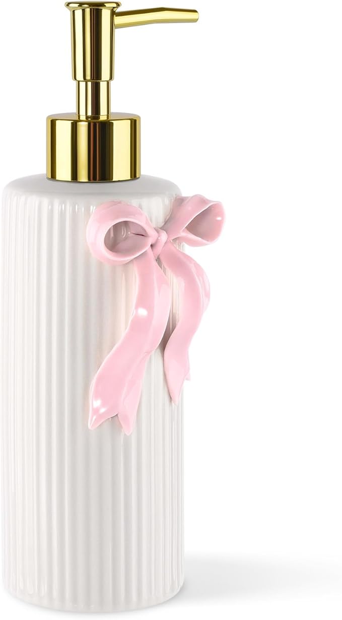 Handmade Ceramic Bow Soap Pump Dispenser Hand Lotion Liquid Dispenser Refillable for Kitchen and Bathroom Decorative (Ribbon Pink)