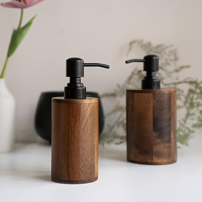 Walnut Wood Soap Dispenser with Pump, Funnel & Label, Refillable Hand Soap Dispenser for Bathroom & Kitchen, Cylinder Design, Rustic Countertop Decor(7oz/200ml)