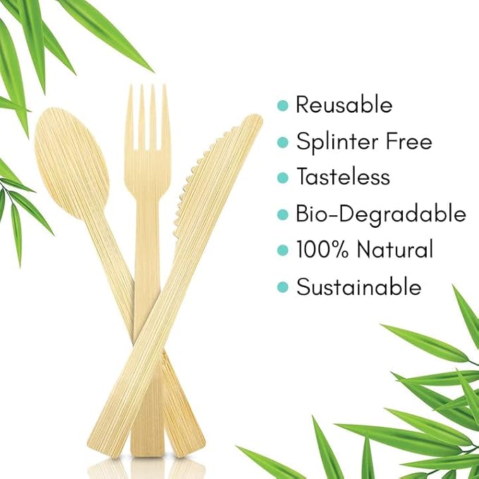 Boobam Econatural Products Bamboo Utensils - Natural Disposable Wooden Cutlery for Party, Eating, Camping, Picnic, Wedding, Birthday - Eco-Conscious Plant-Based Compostable Spoons - Box of 24 Pieces