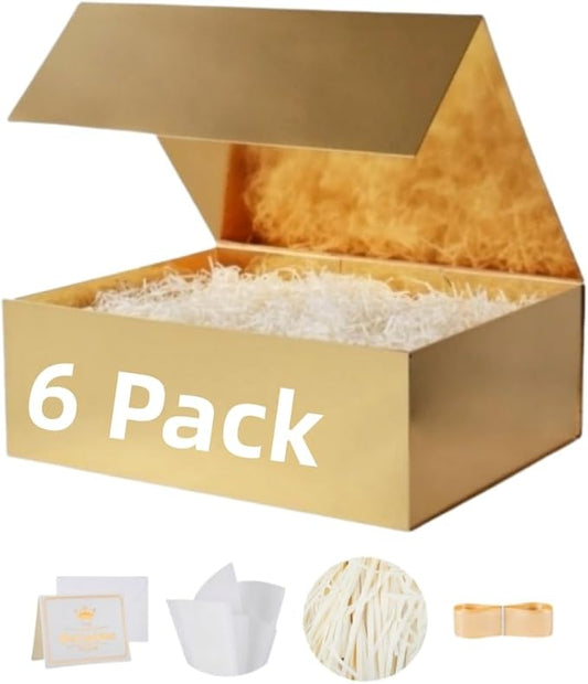 UoeRing 6 Pack Gold Gift Box Large 13.5x11.8x4.7 inch Luxury Bridesmaid Proposal Box for Presents with Magnetic Closure Lid Collapsible,Contains Card, Ribbon, Tissue Paper,Shredded Paper Filler