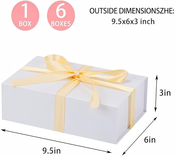 UoeRing 1 Pcs White Gift Box 9.5x6x3 inch Small Luxury Gift Box for Presents with Magnetic Lid Collapsible,Birthday,Christmas,Contains Card, Ribbon, Tissue Paper,Shredded Paper Fille