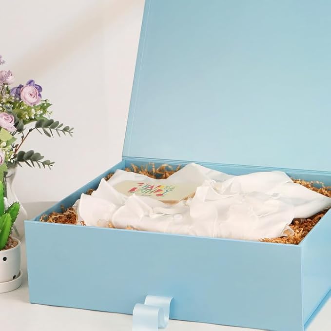 GREEN BEAN 3 Extra Large Gift Box with Lid for Present 16.3x14.2x5 Inches, Baby Blue Magnetic Gift Box with Ribbon for Clothes and Large Gifts (Glossy Baby Blue)