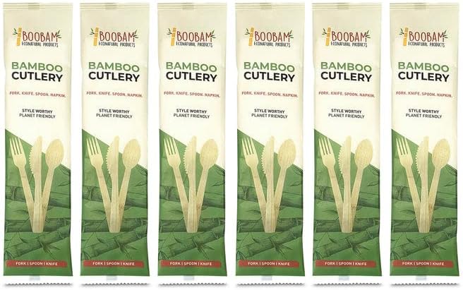 Boobam Econatural Products Bamboo Utensils - Natural Disposable Wooden Cutlery for Party, Eating, Camping, Picnic, Wedding, Compostable Silverware, Individually Wrapped Spoons, Forks, Knives - 50 Sets