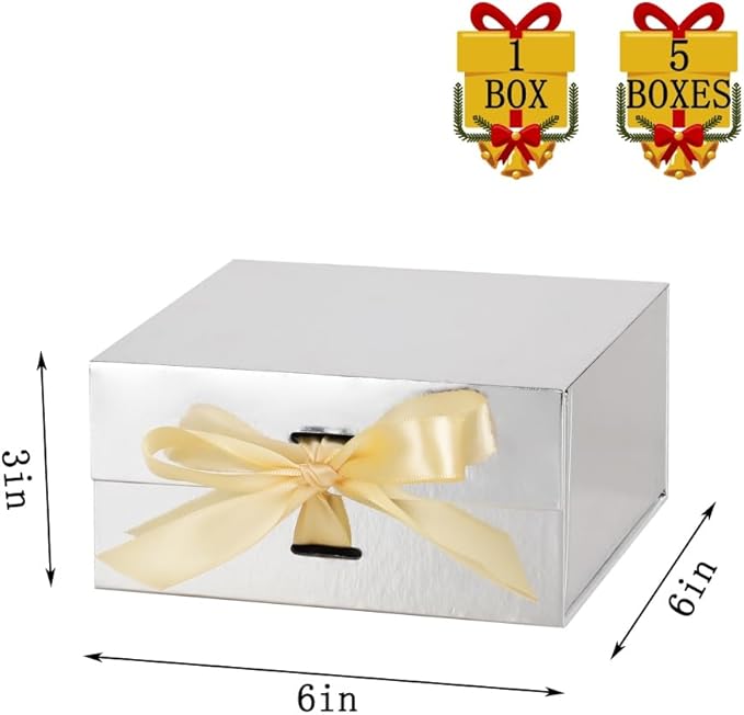 Small Gift Boxes with Lids 5 Pack 6X6X3 Inch Silver Gift Box with Ribbon Christmas Gift Box Foldable Gift Boxes for Presents、Graduation、Birthdays，Shredded Paper Filler & Cards