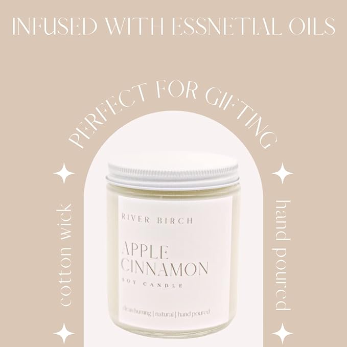 River Birch Candles Apple Cinnamon Scented Candle | Premium, All-Natural, Non-Toxic, Soy Candles | 8.5oz 40 Hr Burn Time | Cozy Relaxing Gifts for Home