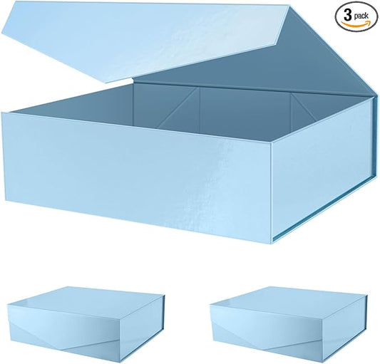 PACKHOME 17x14.5x5.5 Inches, 3 Extra Large Gift Boxes with Lids, Magnetic Closure Boxes for Clothes and Large Gifts (Glossy Light Blue)