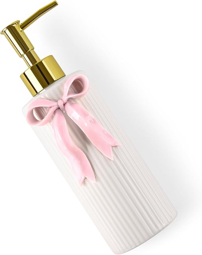 Handmade Ceramic Bow Soap Pump Dispenser Hand Lotion Liquid Dispenser Refillable for Kitchen and Bathroom Decorative (Ribbon Pink)