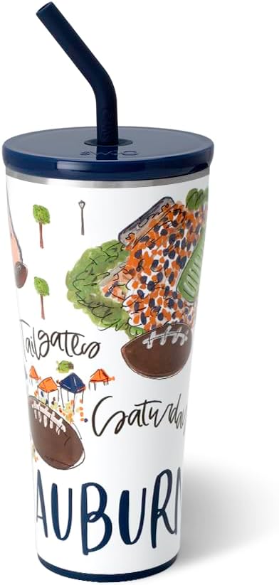 Swig Life 32oz Straw Tumbler, Travel Coffee Tumbler with Lid, Cup Holder Friendly Travel Coffee Mug, Stainless Steel, 32 oz Reusable Insulated Coffee Mug (Saturdays In Auburn)