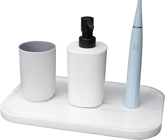 Natural Marble Tray | Luxury Bathroom & Kitchen Organizer | Non-Resin Stone Storage for Perfume, Jewelry, Cosmetics | Waterproof Non-Slip Home Decor,11.8"x7.8"x0.6"