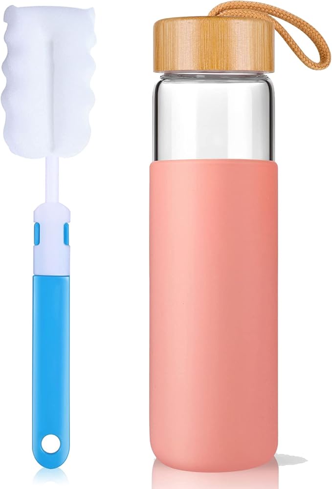 20 Oz Borosilicate Glass Water Bottles with Silicone Sleeve BPA Free, Dishwasher Safe - Reusable Clear Glass Drinking with Leak Proof Bamboo Lid | Perfect Gym Water Bottles for Men & Women