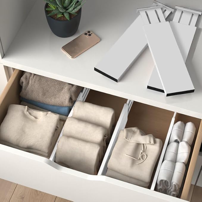 6 Pack Drawer Dividers 4 Inch High, 11”-17" Adjustable Bamboo Organizers Large Expandable Drawer Separators for Cloths, Dresser, Bedroom, Bathroom, Baby Drawer, Office & Kitchen Utensils (White)