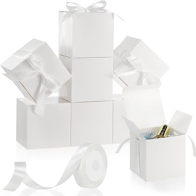 48 Pcs Christmas Gift Boxes with Ribbon Small Party Favor Boxes with Lids Mini Treat Candy Container for Wedding, Party, Birthday, Valentine's Day and More(White,2 Inch)